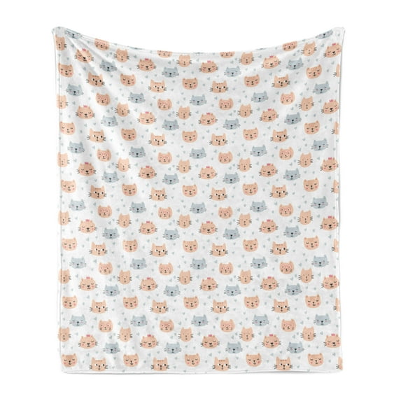 Cat Soft Flannel Fleece Throw Blanket, Doodle Style Faces and Hearts Pet Theme, Cozy Plush for Indoor and Outdoor Use, 50" x 70", Peach Blue Grey, by Ambesonne