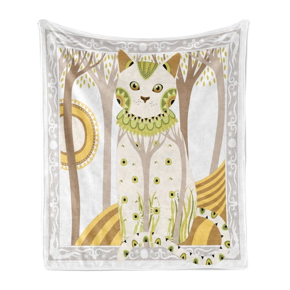 Cat Soft Flannel Fleece Throw Blanket, Exquisite Magic Cat with Ornaments Fantasy Forest Framework, Cozy Plush for Indoor and Outdoor Use, 70" x 90", Multicolor, by Ambesonne