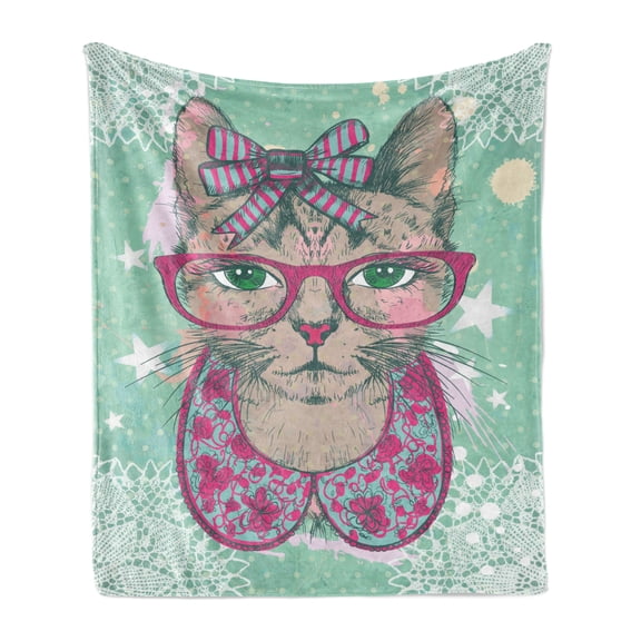 Cat Soft Flannel Fleece Throw Blanket, Fashion Cat in Hipster Glasses and Lace Collarette Bow Vintage Humorous Graphic, Cozy Plush for Indoor and Outdoor Use, 50" x 70", Pink Mint Green, by Ambesonne