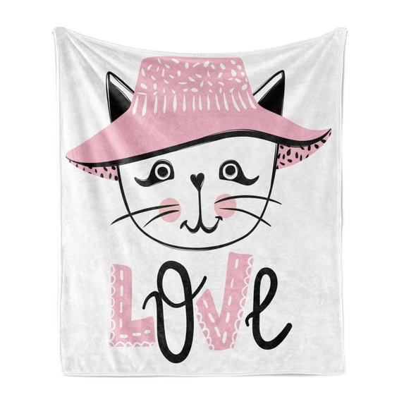 Cat Soft Flannel Fleece Throw Blanket, Feminine Kitten Face in a Girly Hat Love Typography, Cozy Plush for Indoor and Outdoor Use, 50" x 70", Pale Pink Charcoal Grey, by Ambesonne