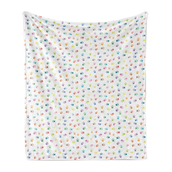 Cat Soft Flannel Fleece Throw Blanket, Footprints of Cats and Dogs Lively Colored Paws Friendly Animals Playful Characters, Cozy Plush for Indoor and Outdoor Use, 60" x 80", Multicolor, by Ambesonne