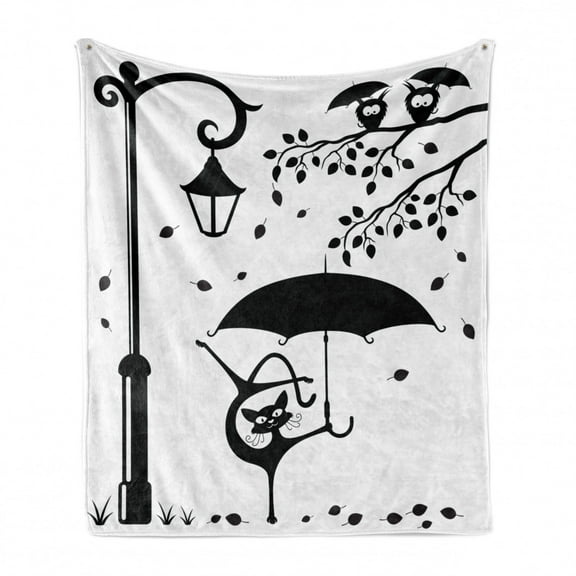 Cat Soft Flannel Fleece Throw Blanket, Funny Kitty with Umbrella Dancing Under Street Lantern in Town Urban Humorous Print, Cozy Plush for Indoor and Outdoor Use, 50" x 60", Black White, by Ambesonne