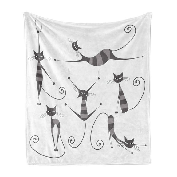 Cat Soft Flannel Fleece Throw Blanket, Furry Skinny Striped Cats in Several Funny Body Postures Whiskers Feline Paws Art Image, Cozy Plush for Indoor and Outdoor Use, 50" x 70", Dimgray, by Ambesonne