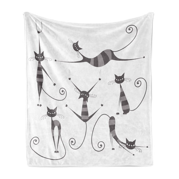 Cat Soft Flannel Fleece Throw Blanket, Furry Skinny Striped Cats in Several Funny Body Postures Whiskers Feline Paws Art Image, Cozy Plush for Indoor and Outdoor Use, 50" x 70", Dimgray, by Ambesonne
