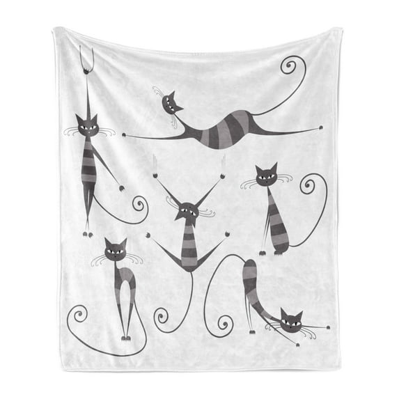 Cat Soft Flannel Fleece Throw Blanket, Furry Skinny Striped Cats in Several Funny Body Postures Whiskers Feline Paws Art Image, Cozy Plush for Indoor and Outdoor Use, 50" x 60", Dimgray, by Ambesonne