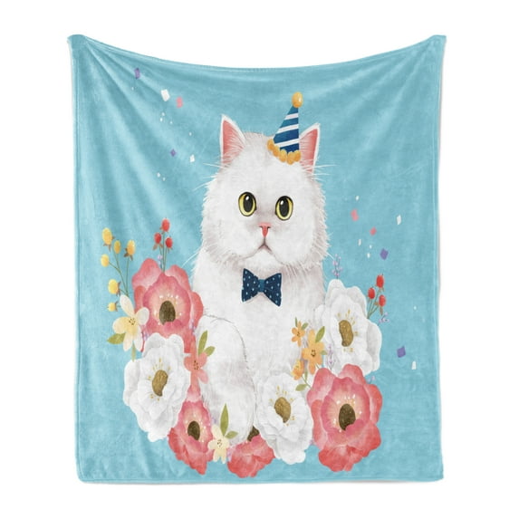Cat Soft Flannel Fleece Throw Blanket, Graphical Watercolor Style Fluffy Kitten with Flowers and a Party Hat, Cozy Plush for Indoor and Outdoor Use, 70" x 90", Pale Blue and Multicolor, by Ambesonne