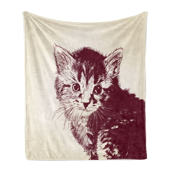 Cat Soft Flannel Fleece Throw Blanket, Grunge Style Illustration of a Baby Little Innocent Kitty on a Vintage Background, Cozy Plush for Indoor and Outdoor Use, 50" x 60", Maroon Cream, by Ambesonne