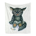 thumbnail image 1 of Cat Soft Flannel Fleece Throw Blanket, Happy Teddy Cat Illustration with a Dead Fish Skeleton Cartoon Toy Humor Print, Cozy Plush for Indoor and Outdoor Use, 60" x 80", Grey Cream, by Ambesonne, 1 of 5