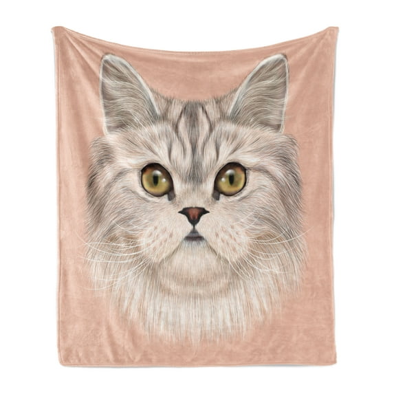 Cat Soft Flannel Fleece Throw Blanket, Kitty Portrait Whiskers Best Pet Animal I Love My Feline Themed Artwork, Cozy Plush for Indoor and Outdoor Use, 70" x 90", Beige Cream Peach, by Ambesonne