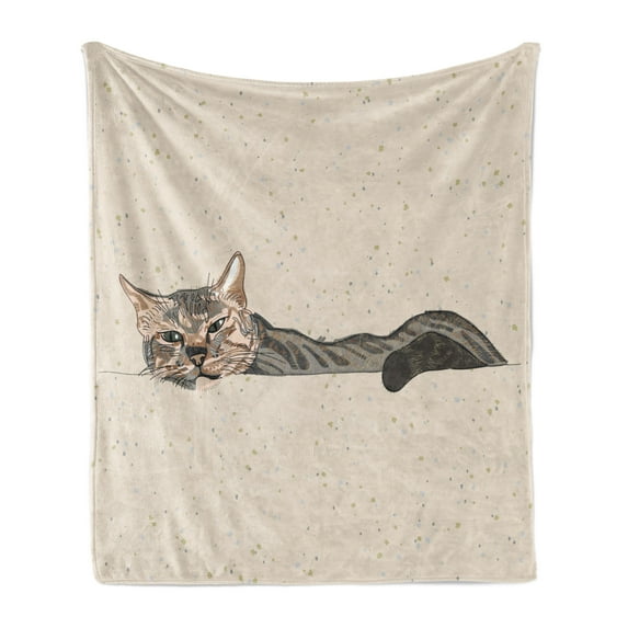 Cat Soft Flannel Fleece Throw Blanket, Lazy Sleepy Cat in Earth Tones Furry Mascot Indoor Pet Art Illustration, Cozy Plush for Indoor and Outdoor Use, 70" x 90", Grey Beige, by Ambesonne
