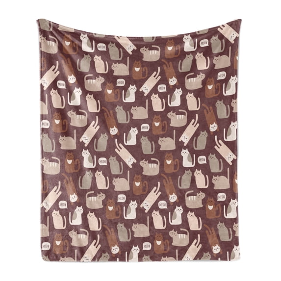 Cat Soft Flannel Fleece Throw Blanket, Little Kitties Cats Meow Pattern Funny Whiskers Comic Animals Graphic, Cozy Plush for Indoor and Outdoor Use, 70" x 90", Dried Rose Beige Brown, by Ambesonne
