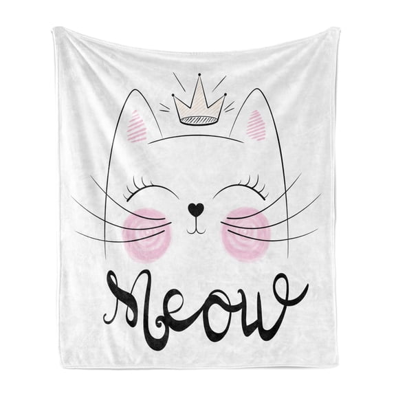 Cat Soft Flannel Fleece Throw Blanket, Meow Calligraphy Princess Kitten with a Crown Drawn by Hand, Cozy Plush for Indoor and Outdoor Use, 50" x 60", Baby Pink Dimgray, by Ambesonne