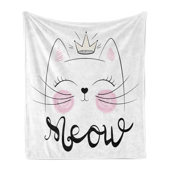 Cat Soft Flannel Fleece Throw Blanket, Meow Calligraphy Princess Kitten with a Crown Drawn by Hand, Cozy Plush for Indoor and Outdoor Use, 70" x 90", Baby Pink Dimgray, by Ambesonne