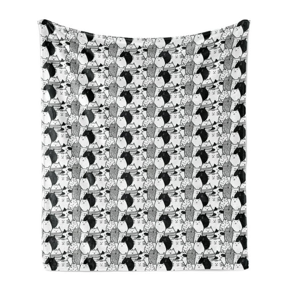 Cat Soft Flannel Fleece Throw Blanket, Monochrome Pattern with Hand Drawn Style Animal Characters Different Mascots, Cozy Plush for Indoor and Outdoor Use, 70" x 90", Black White, by Ambesonne