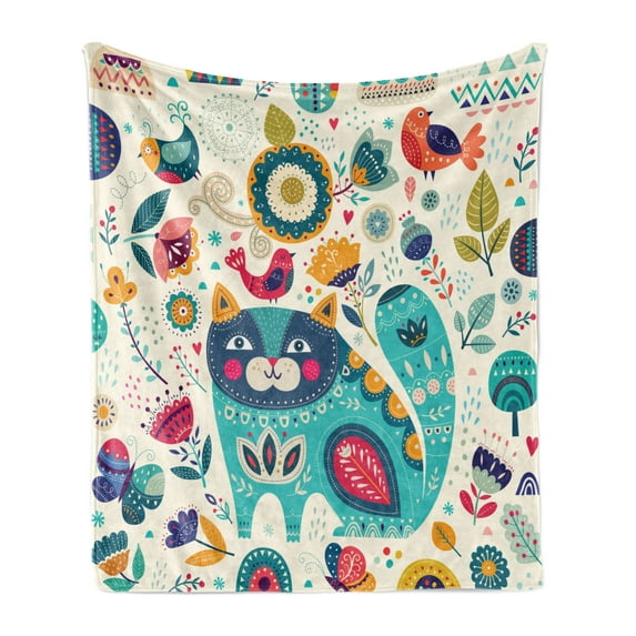 Cat Soft Flannel Fleece Throw Blanket, Pet Birds Flower Leaf Trees Butterflies Spring Ornate Illustration, Cozy Plush for Indoor and Outdoor Use, 50" x 60", Multicolor, by Ambesonne
