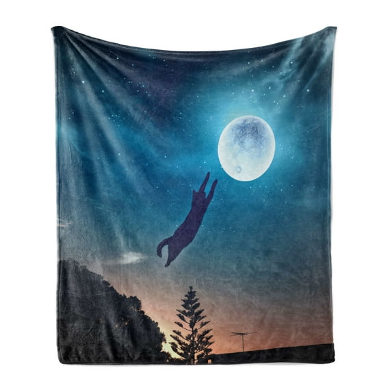 Cat Soft Flannel Fleece Throw Blanket, Pet Jumping in the Air Catching the Moon at Night Sky Stars Fantasy Artwork, Cozy Plush for Indoor and Outdoor Use, 50" x 70", Blue Magenta, by Ambesonne