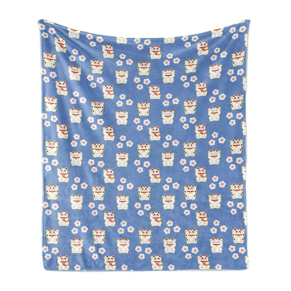 Cat Soft Flannel Fleece Throw Blanket, Repetitive Maneki-Neko Motifs Japanese Inspired, Cozy Plush for Indoor and Outdoor Use, 60" x 80", Azure Blue Dark Pink, by Ambesonne
