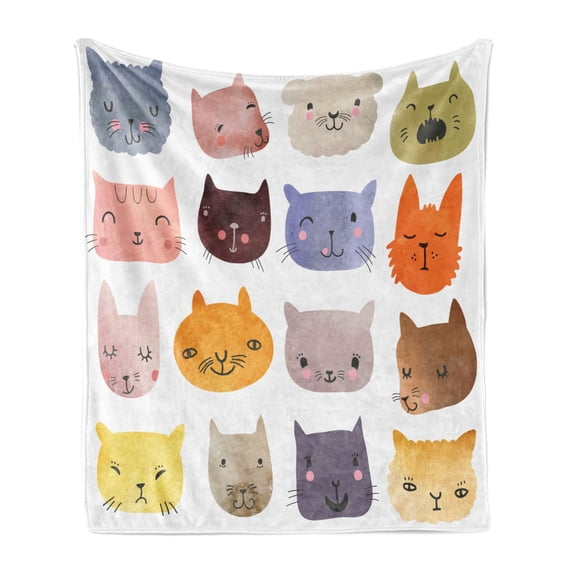 Cat Soft Flannel Fleece Throw Blanket, Watercolor Effect Cat Heads in Colorful Humor Fun Purring Meow Animal Kids, Cozy Plush for Indoor and Outdoor Use, 50" x 60", Multicolor, by Ambesonne