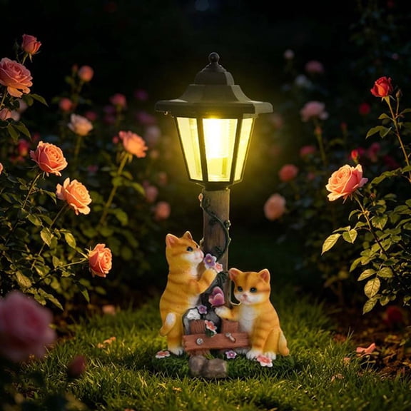 Cat Solar Garden Light Statue, Resin Outdoor Cat Figurine with Solar Powered LED Light, Weatherproof Solar Cat Planter Night Light for Backyard Patio Lawn,Cat & Butterfly