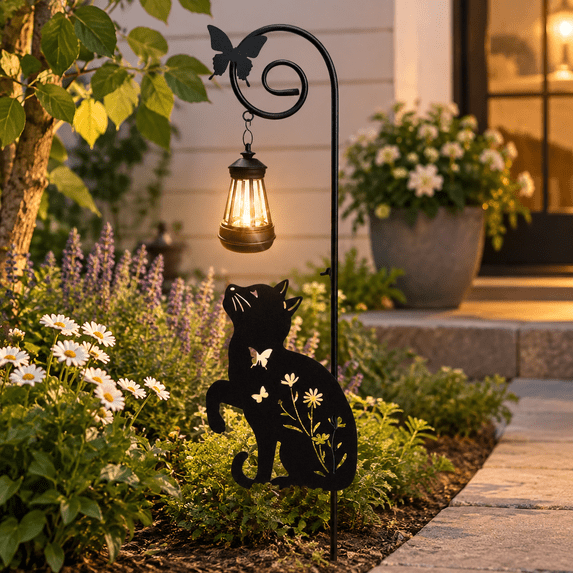 Cat Solar Lights Outdoor Garden Stake Metal Black Decor Ornament ...