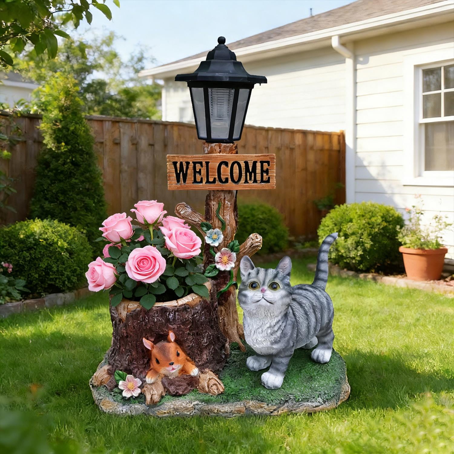 Cat Solar Planter Statue for Outdoor Decor, Garden Statue with Built-In Planter and LED Light, Weather-Resistant Resin for Yard, Patio, Brown