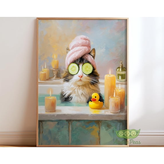 Cat Spa Cucumber Eye Cat Wall Art Print, Unframed Paper Poster 24x36in