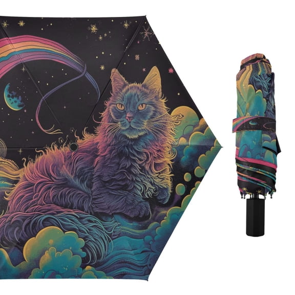 Cat Space Rainbow Planet Compact Sun Umbrella Windproof Travel Umbrellas for Rain Strong Portable UV Protection