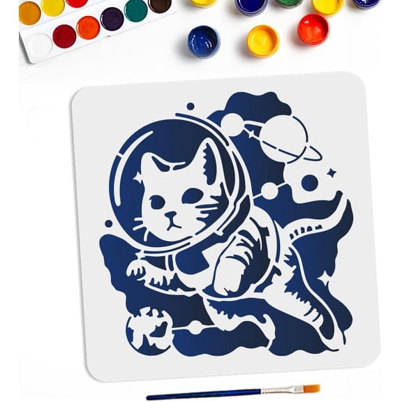 Cat Space Stencils 11.8×11.8inch Large Planets Galaxy Cat Painting Stencils with Paint Brush Outer Space Galaxy Animal Theme Drawing Template for Fabric Walls Furniture Wood Canvas