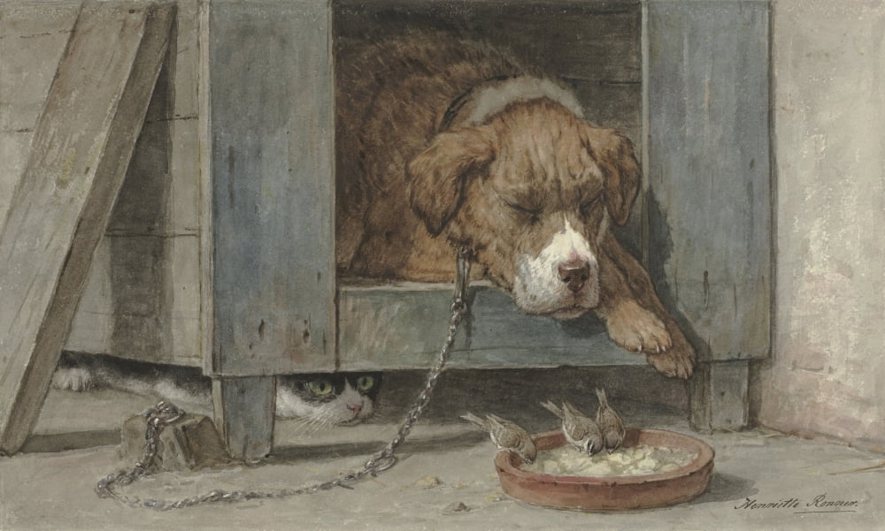 Cat Spies Birds While A Dog Sleeps Canvas Art -  (36 x 24)