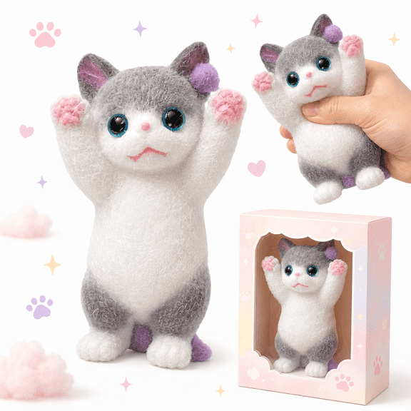 Cat Squishy Toy, Soft Handmade Kitty Squeeze Toy with Cute Paw Details, Cat-Shaped Fidget Toy for Tactile Play, Desk Decor and Gift, 1PC (no box)