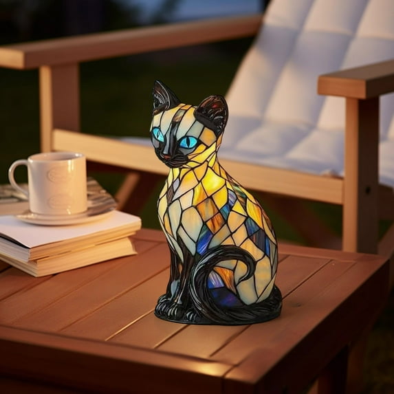Cat Stained Glass Lamp, Cute Kitty Night Light, USB Powered Resin Table Lamp, Decorative Cat Lover Gift for Bedroom and Office