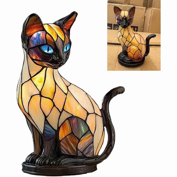 Cat Stained Glass Lamp with USB LED Light, 6.3 in Animal Night Light for Desk Decor