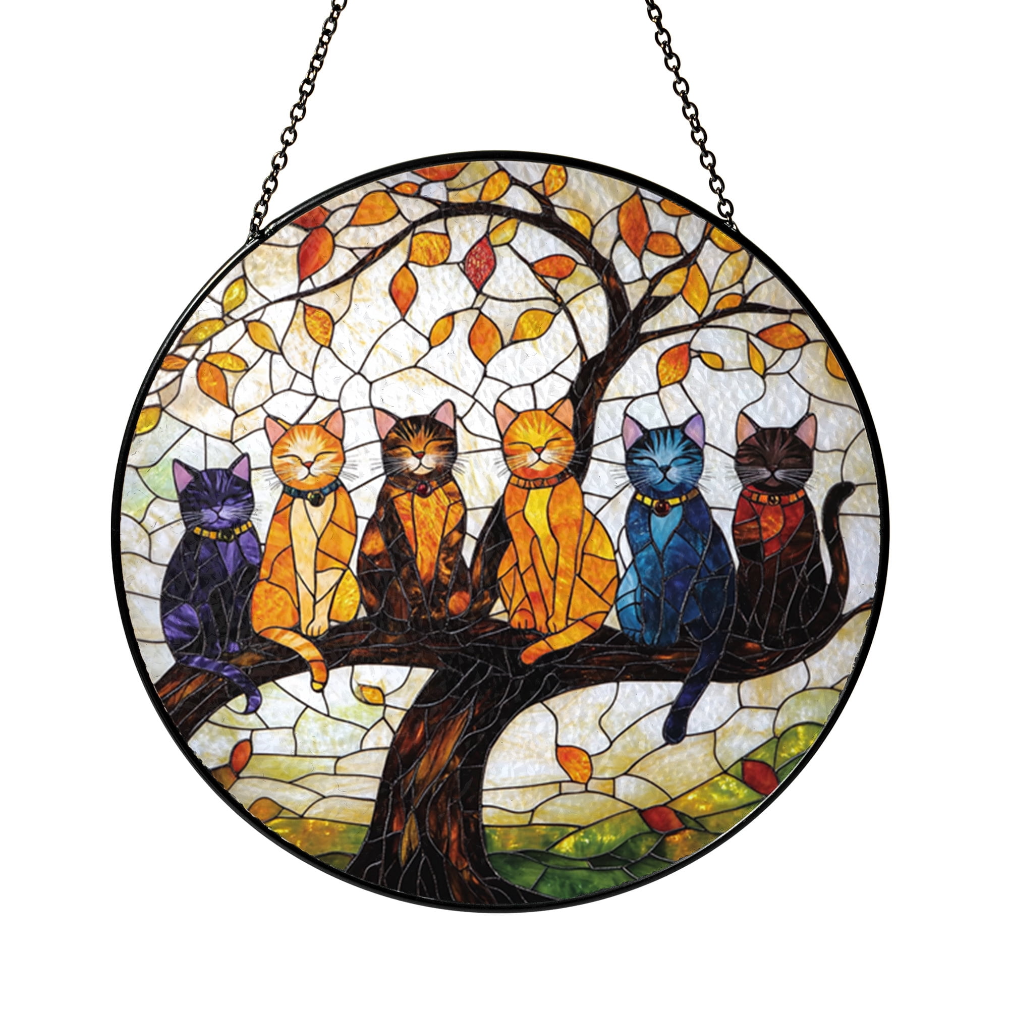 Cat Stained Glass Style Suncatcher with Five Cats on Branch, Fall or ...
