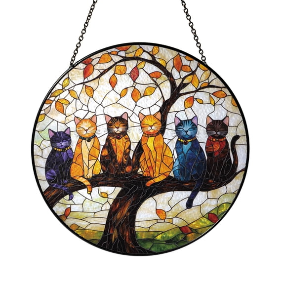 Cat Stained Glass Style Suncatcher with Five Cats on Branch, Fall or ...