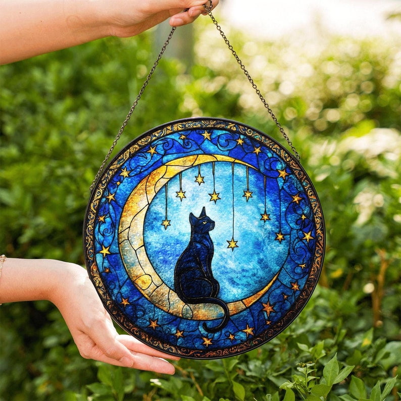 Cat Stained Glass Suncatcher, Cat Sitting On Moon Suncatcher, Gift for ...