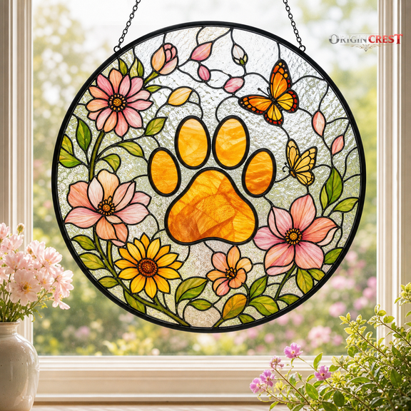 Cat Stained Glass Suncatcher Floral Paw Circle Window Hanging Cat Lover Gift