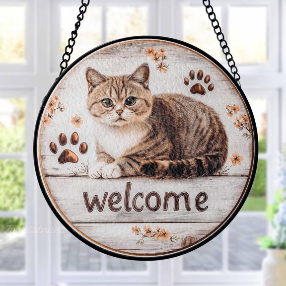 Cat Stained Glass Suncatcher Metal Outdoor Decor Rustic Farmhouse Brown White