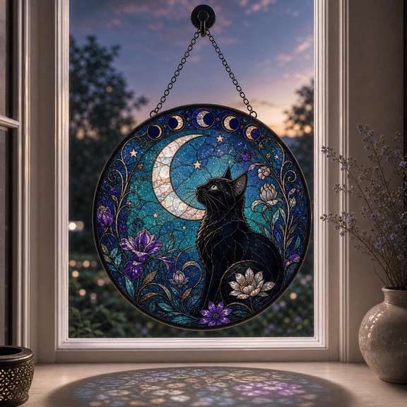 Cat Stained Glass Suncatcher Moon Flower Window Hanging Cat Lover Gift