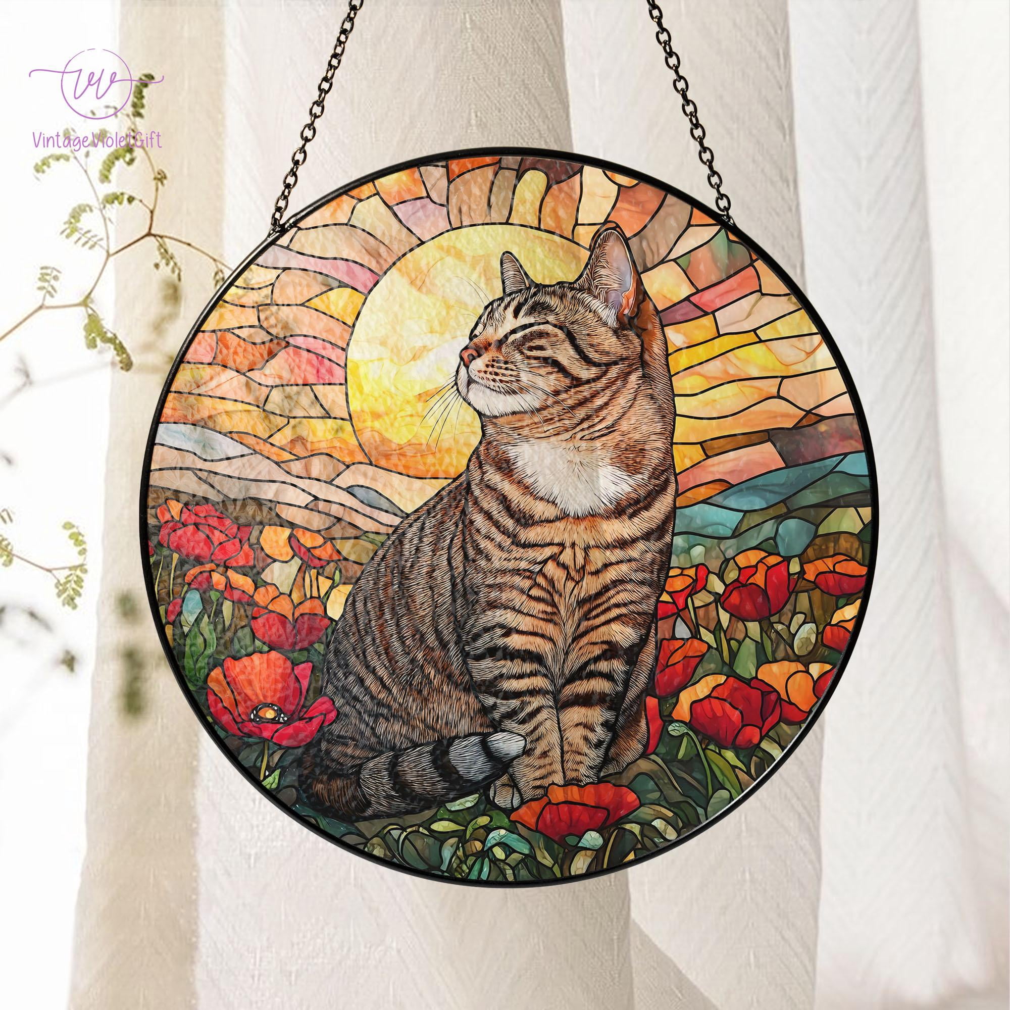 Cat Stained Glass Suncatcher, Mothers Day Gift For Mom, Poppies Flower ...