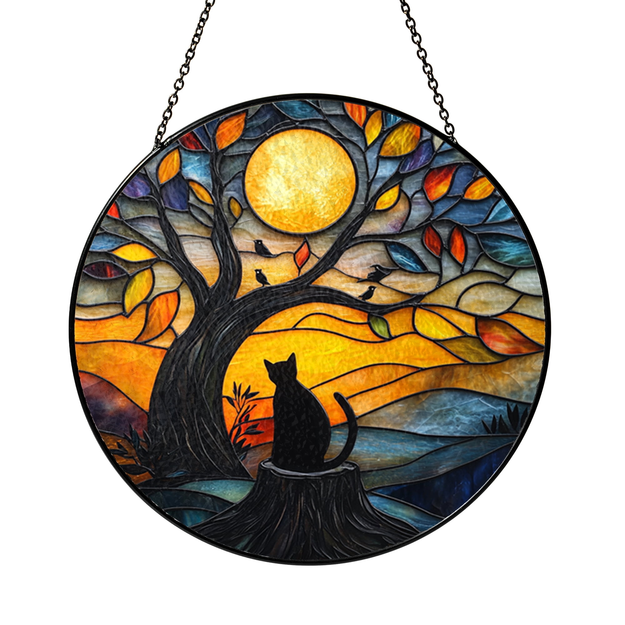 Cat Stained Glass Suncatcher Round Window Hanging Sunset Tree Scene ...
