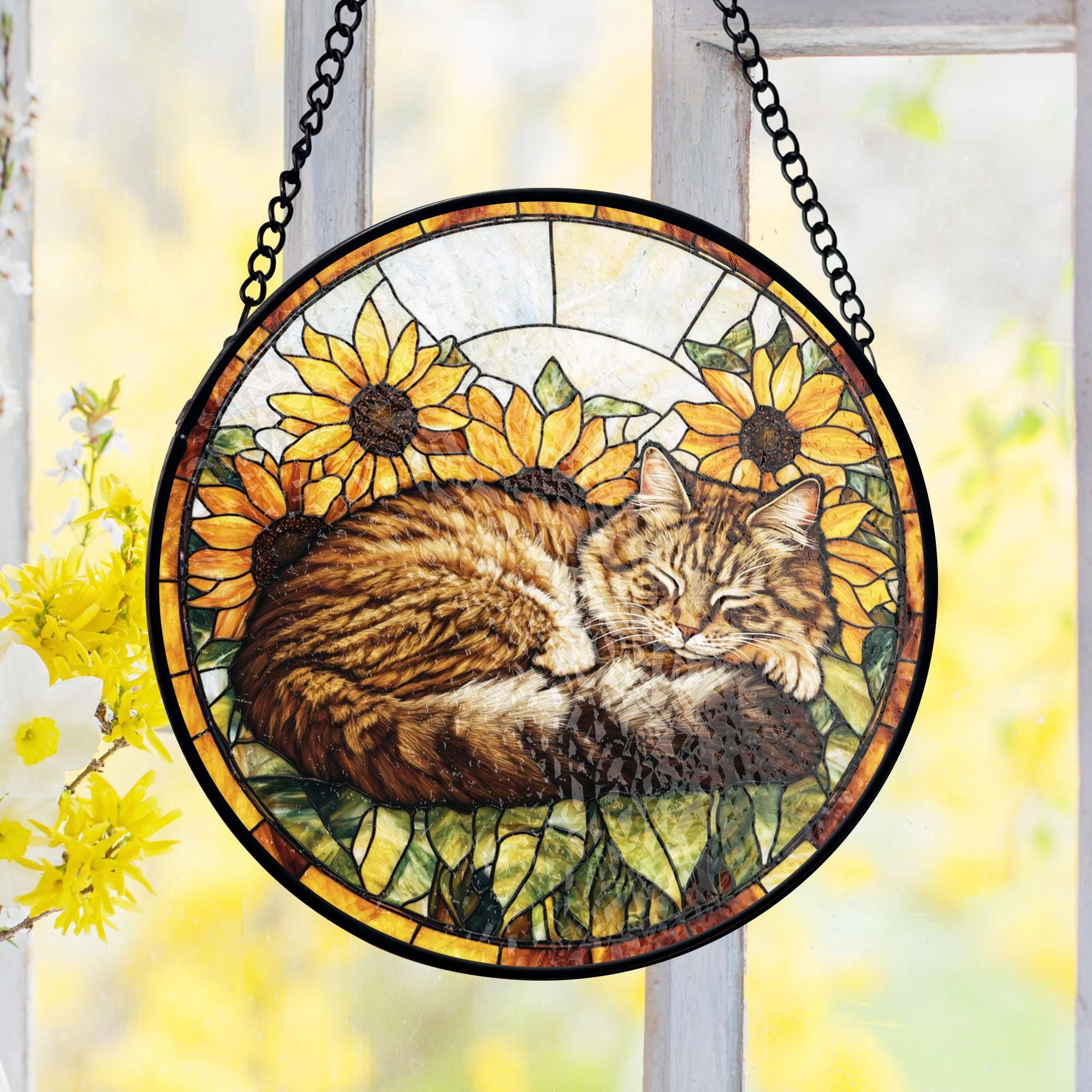 Cat Stained Glass Suncatcher, Sleeping Tabby Art, Sunflower Window ...