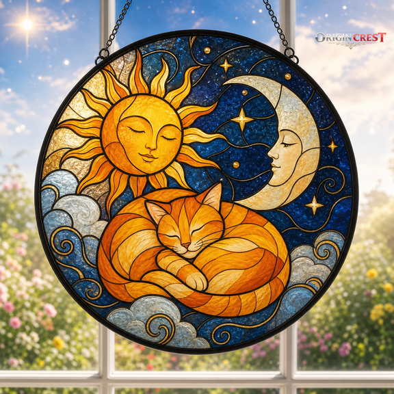 Cat Stained Glass Suncatcher Sun Moon Window Hanging Cat Lover Gift