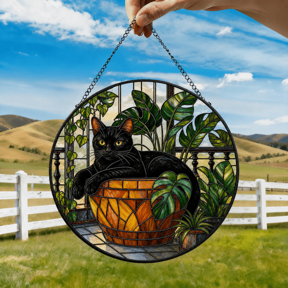 Cat Stained Glass Suncatcher Window Hanging Acrylic Balcony Plant Pot Design