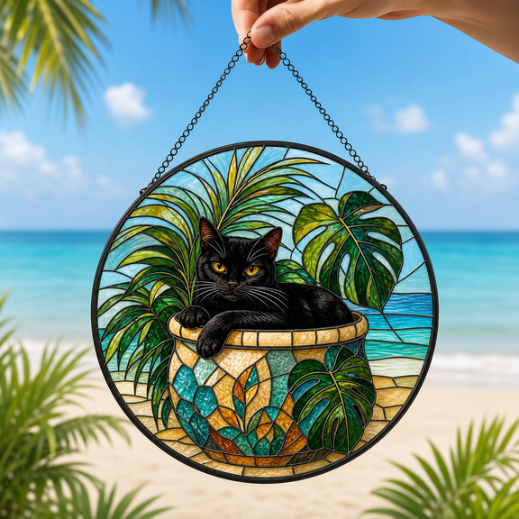 Cat Stained Glass Suncatcher Window Hanging Acrylic, Beach Tropical Gift for Cat Lovers