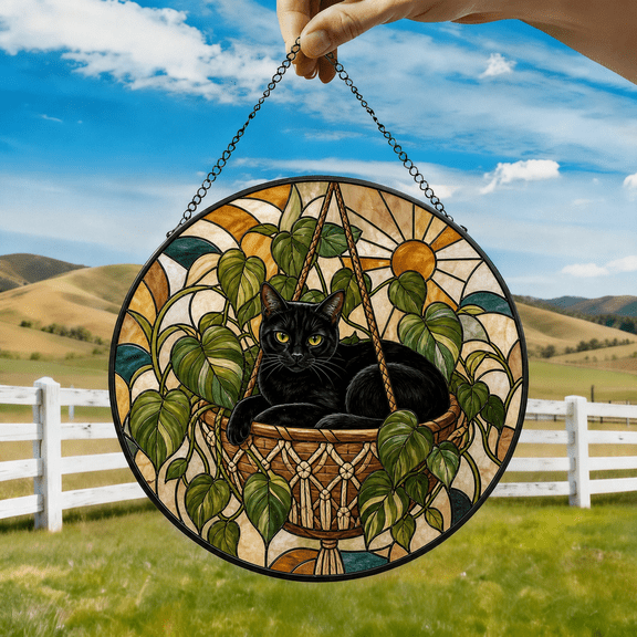 Cat Stained Glass Suncatcher Window Hanging Acrylic Boho Plant Lover Gift