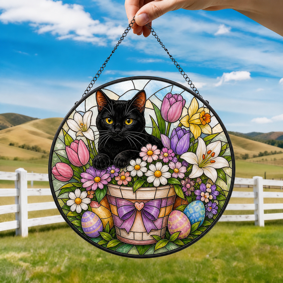 Cat Stained Glass Suncatcher Window Hanging Acrylic Easter Decor Gift for Cat Lovers
