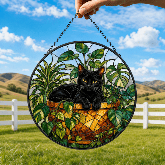 Cat Stained Glass Suncatcher Window Hanging Acrylic Plant Lover Gift
