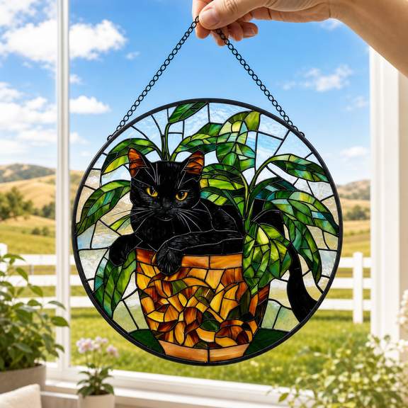 Cat Stained Glass Suncatcher Window Hanging Acrylic Plant Pot Sunroom Gift