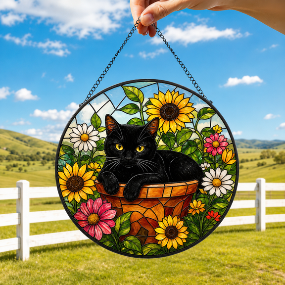 Cat Stained Glass Suncatcher Window Hanging Acrylic Summer Flowers Gift