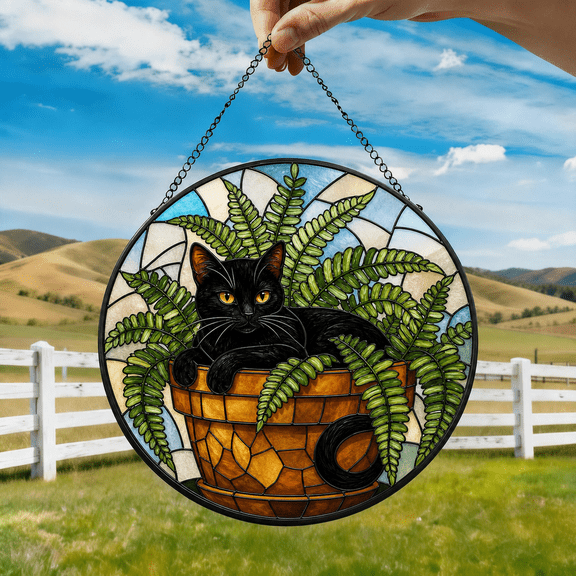 Cat Stained Glass Suncatcher Window Hanging Acrylic with Fern Leaves Gift